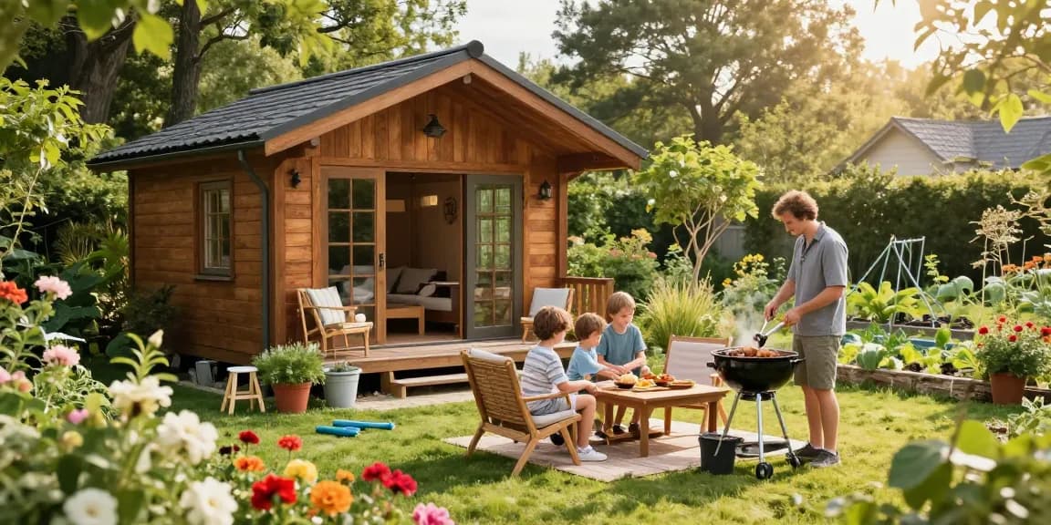 Schönes Garten Haus umgeben von Blumen und einer Familie, die im Freien grillt.