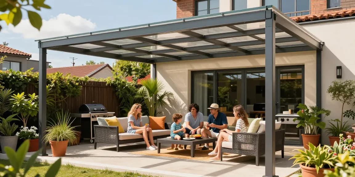 Terrassenüberdachung im modernen Design, Familie genießt sonnigen Nachmittag auf der Terrasse.