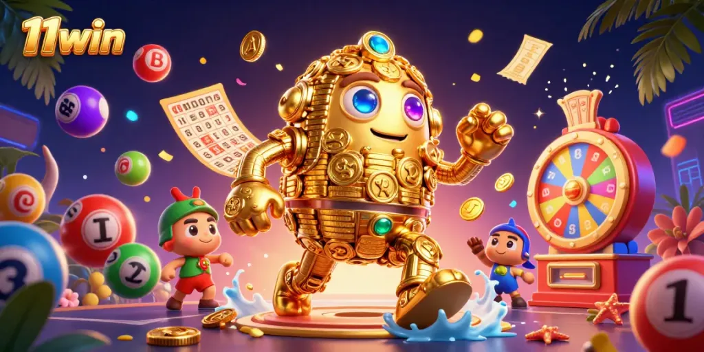 Engage with exciting 11win casino games, featuring a golden golem surrounded by vibrant lottery elements.