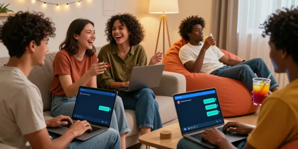 Exciting spicy chat scene with friends enjoying a lively conversation on smartphones in a cozy living room.