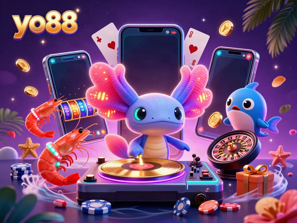 Experience the thrill of yo88 with a vibrant 3D axolotl DJ and aquatic dancers showcasing exciting casino games.