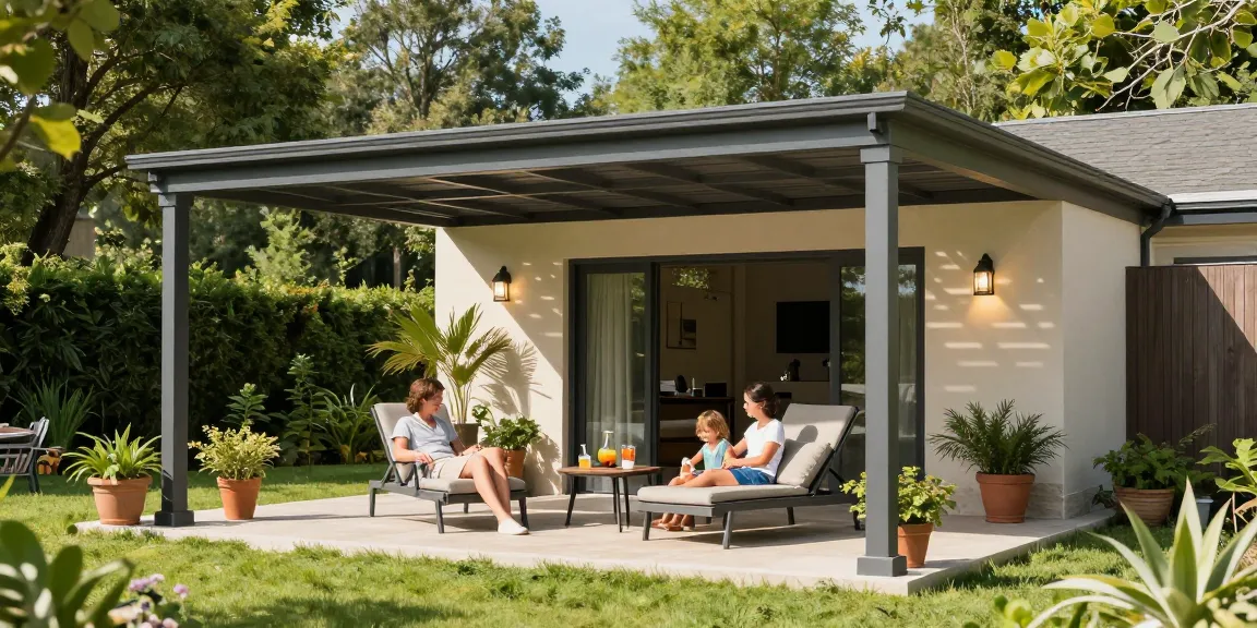 Freistehende Terrassenüberdachung mit Familie im Garten bei strahlendem Wetter.