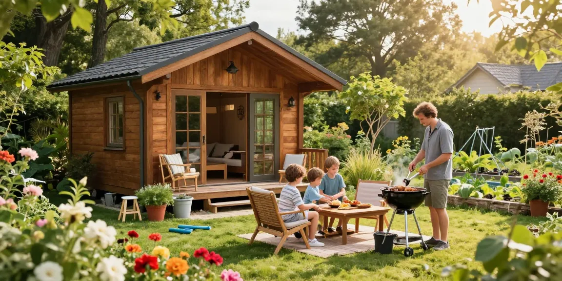 Schönes Garten Haus umgeben von Blumen und einer Familie, die im Freien grillt.