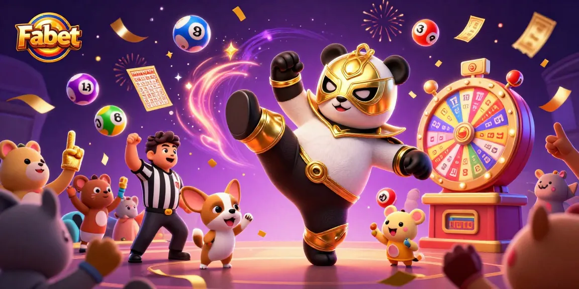Witness Fabet's thrilling lottery scene with a wrestler panda, lively spectators, and dynamic game elements.