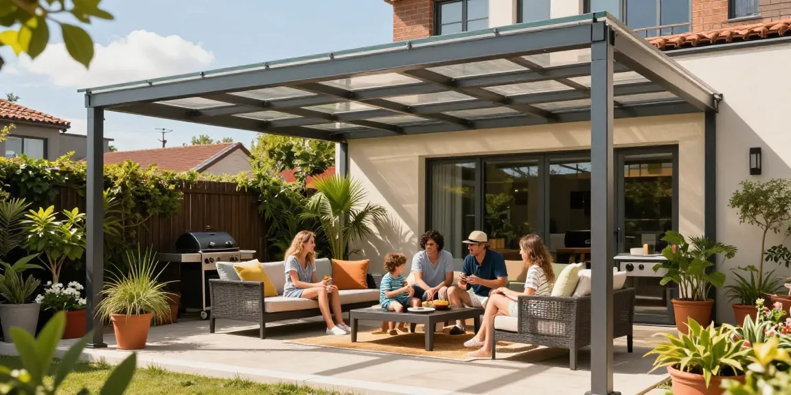 Terrassenüberdachung im modernen Design, Familie genießt sonnigen Nachmittag auf der Terrasse.