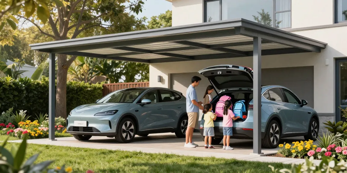 Stylischer Carport bietet Schutz für ein modernes Fahrzeug in schöner Gartenlandschaft.