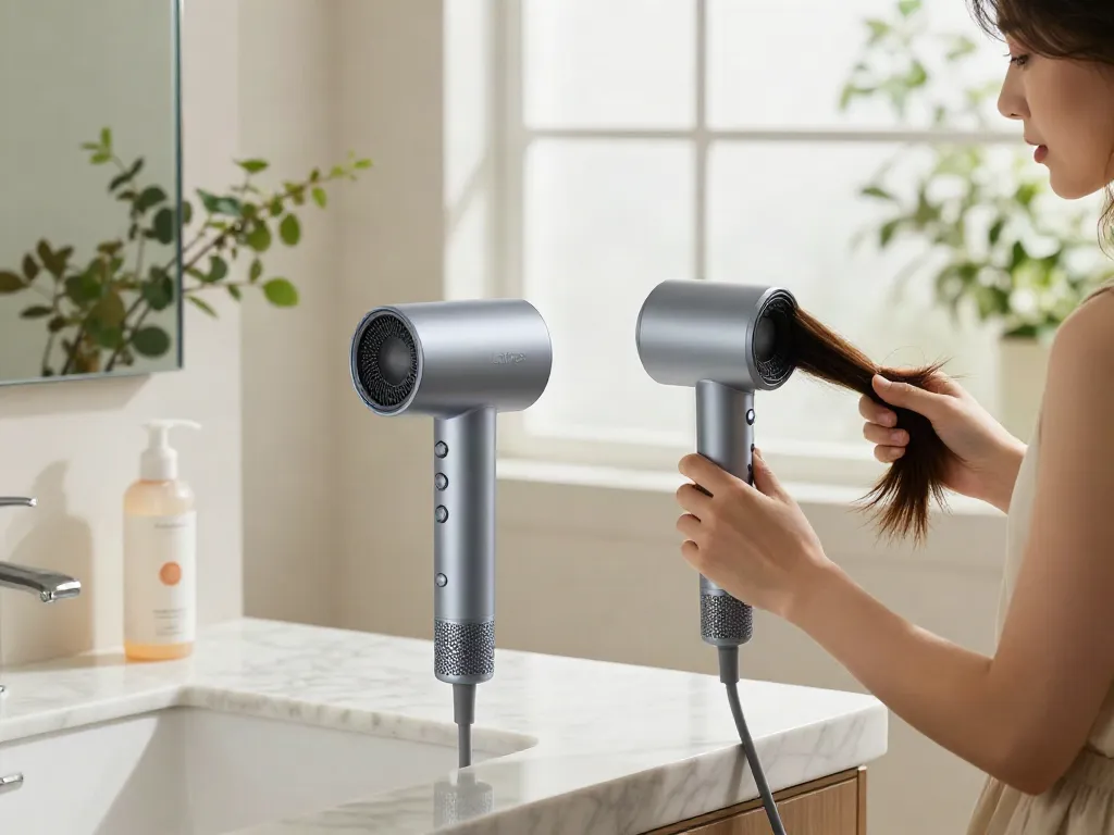 Laifen Air Pro Haartrockner leise und stark auf elegantem Marmortisch in modernem Badezimmer.