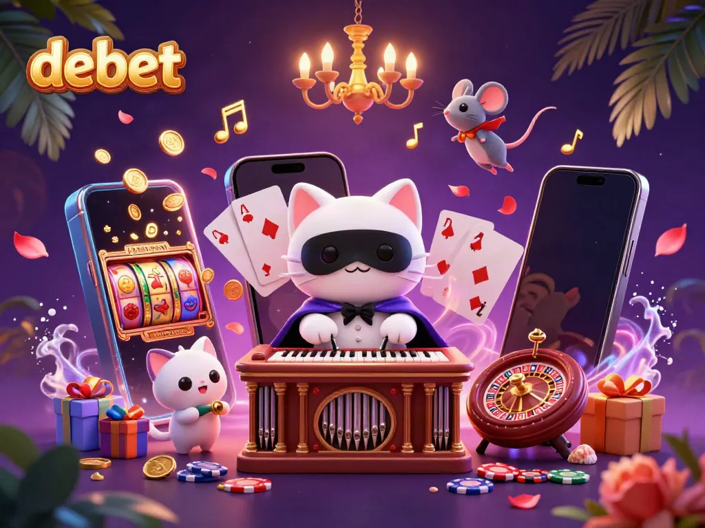 Experience vibrant gambling in this debet-themed 3D illustration featuring fun casino characters and games.