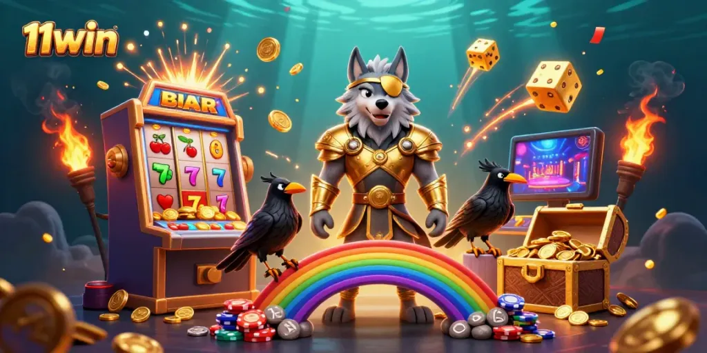 Engage with 11win and experience vibrant casino action featuring Odin and his ravens in a colorful gaming environment.