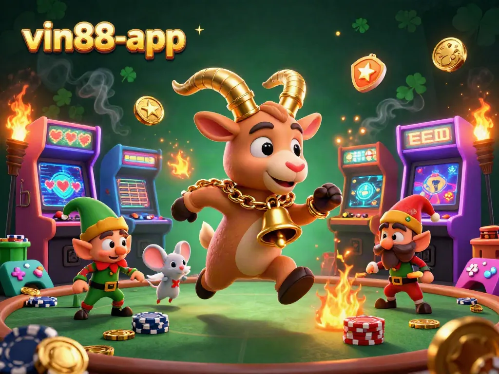 Experience the thrill at vin88-app's vibrant casino featuring Krampus and a charming mouse amidst chaotic fun.