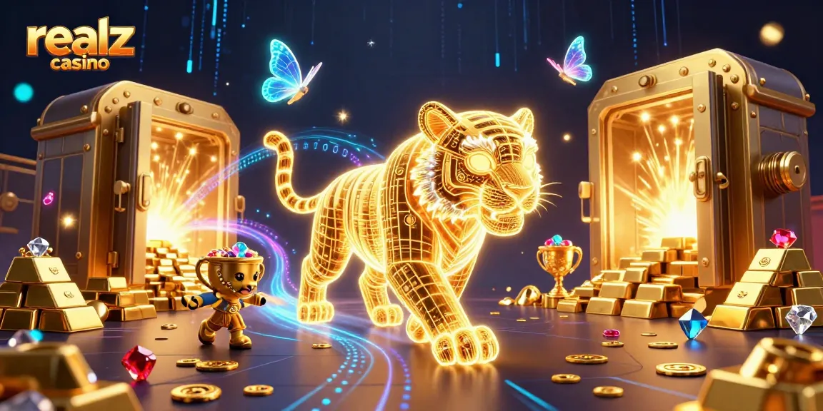 Experience thrilling gameplay at Realz Casino with dazzling neon elements and vibrant treasures.