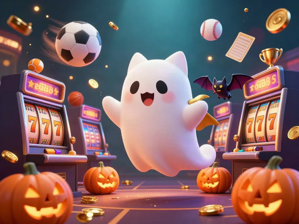 Experience vibrant action at red88 with a ghost cat and a bat amidst glowing casino symbols.