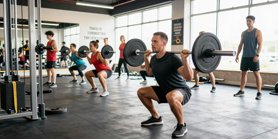 Deus Medical für Muskelaufbau - Trainer demonstriert die Squat-Übung im modernen Fitnessstudio.
