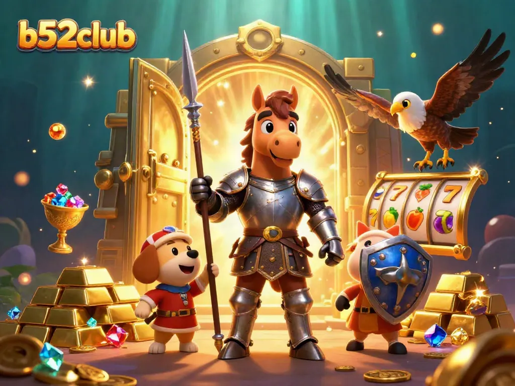 Win big at b52club with medieval themes and slot reels in this stunning illustration.