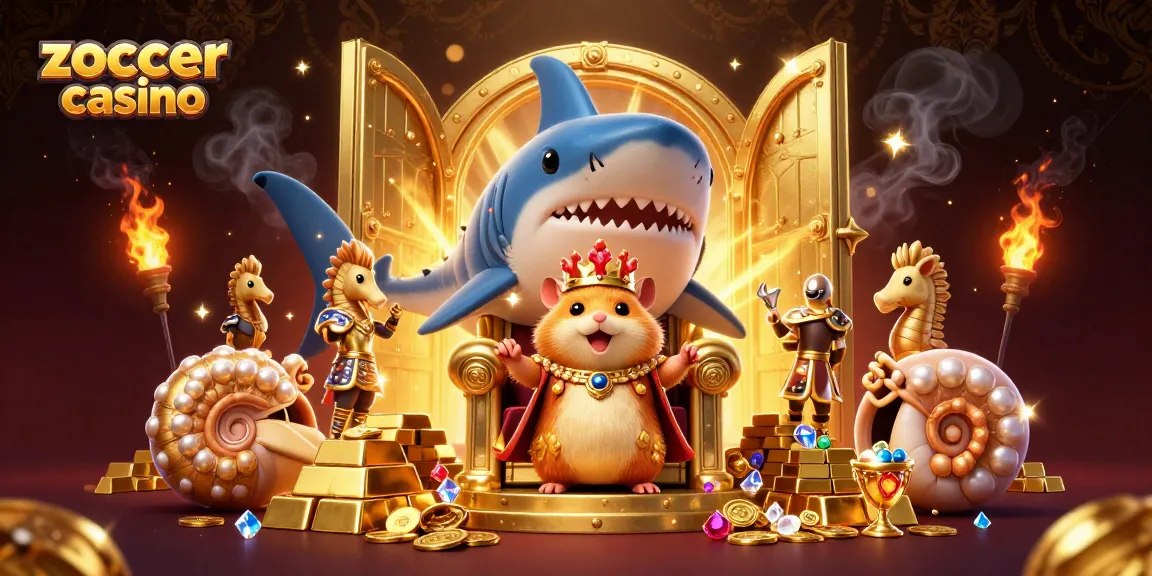 Zoccer casino's unique illustration features a golden hamster king on a megalodon throne with treasure elements.