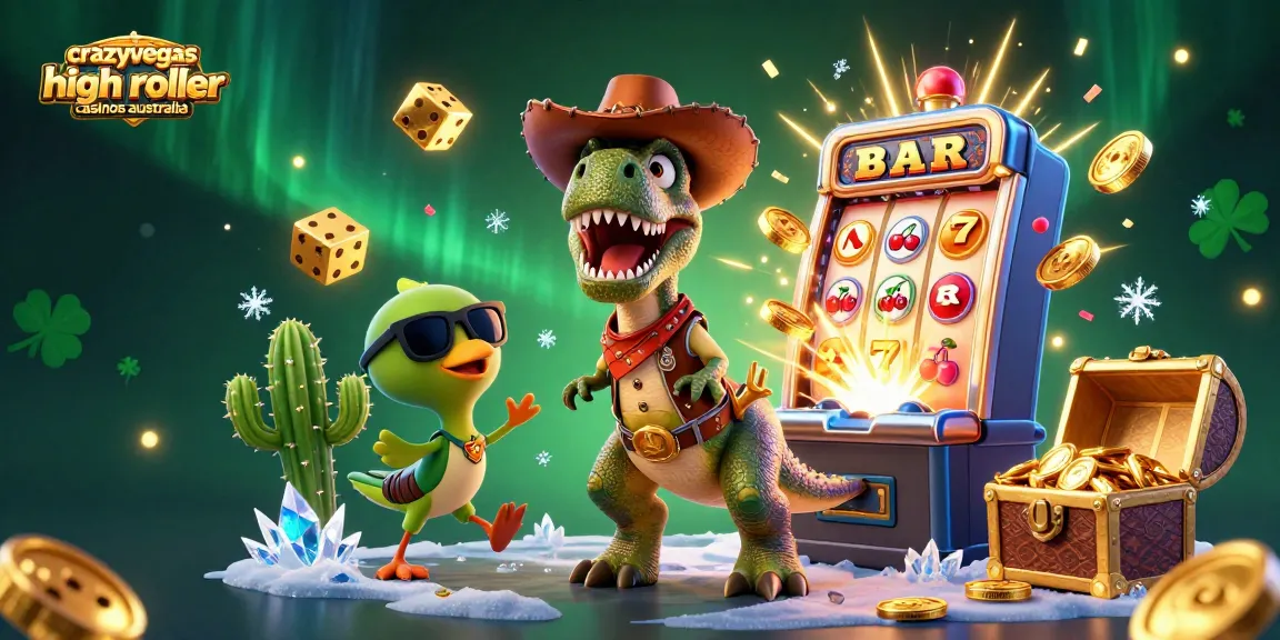 Experience vibrant gaming action at crazyvegas high roller casinos australia featuring a T-Rex cowboy.